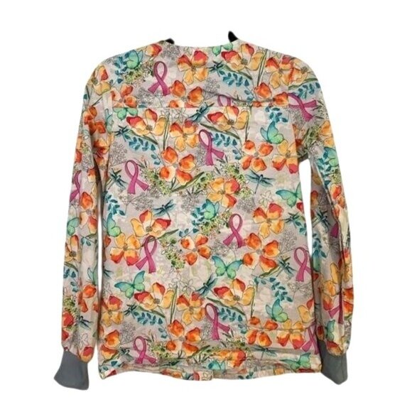 Cherokee Womens XS Floral & Pink Ribbon Print Scrub Top 97% Cotton - Picture 6 of 7